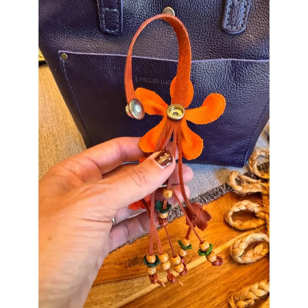 Orange Daisy Flower Bag Charm Genuine Leather Purse Charm Flowers